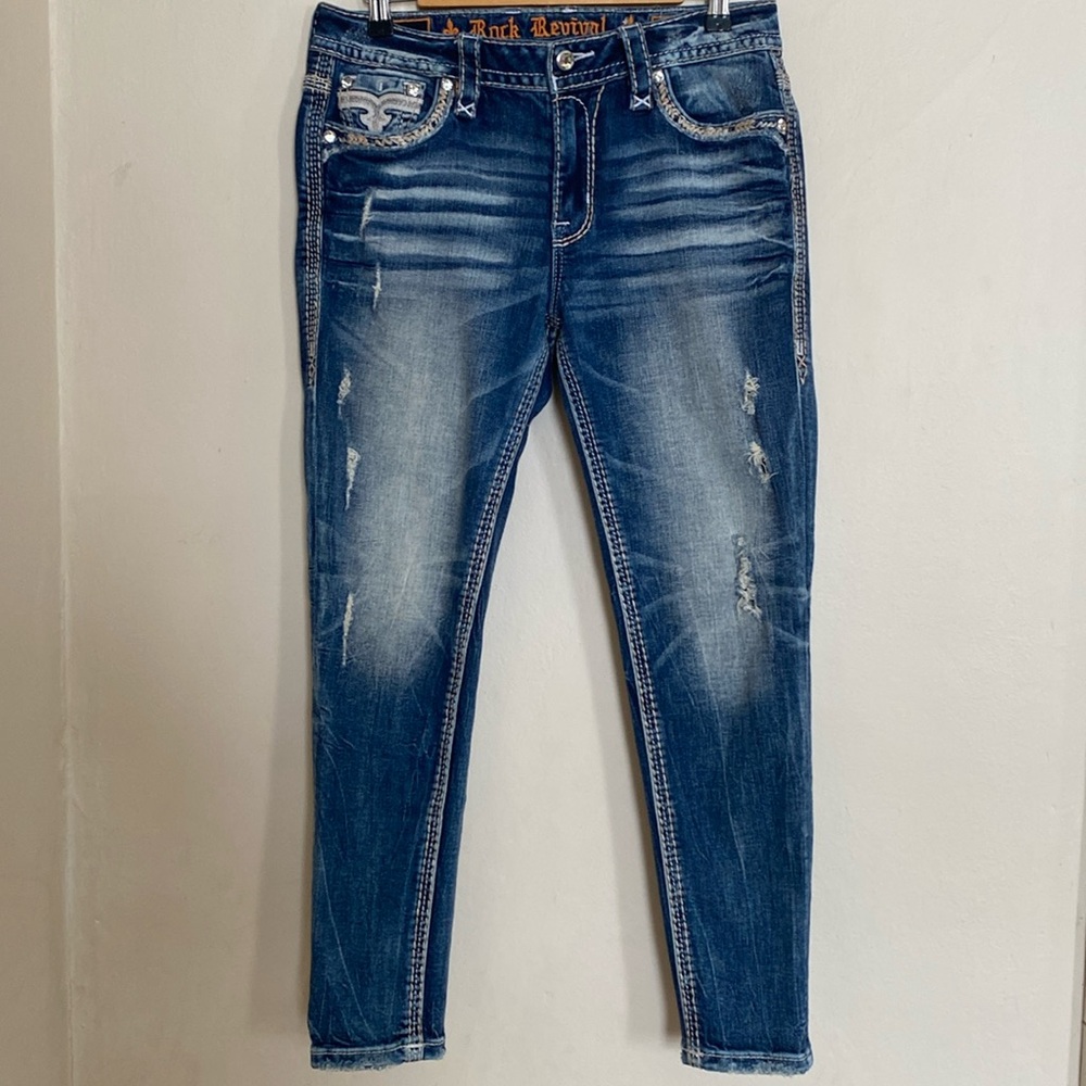 Rock Revival Flan Mid-Rise Ankle Skinny Destruction Detail Jeans Women’s 29